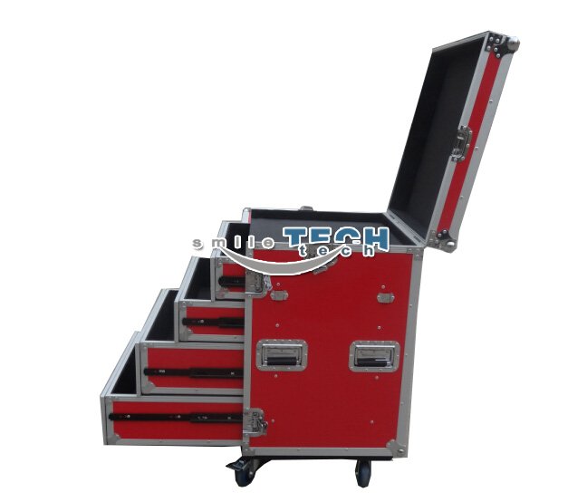 4 Drawers Red ATA Flight Tool Case for Tool Storage with Side Desk -- Drawers 2 x 4U High，2 x 3U High 