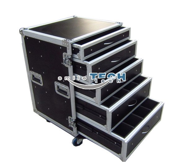 16U Rack Storage Drawer Case Tool Flight Case with Caster Board--5 Drawers,2 x 4U, 2 x 3U, and 1 x2U 