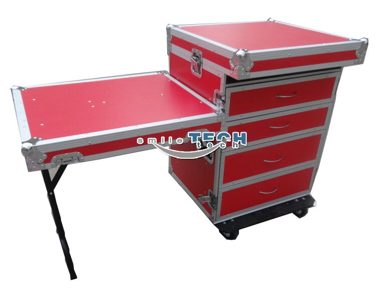 4 Drawers Red ATA Flight Tool Case for Tool Storage with Side Desk -- Drawers 2 x 4U High，2 x 3U High 